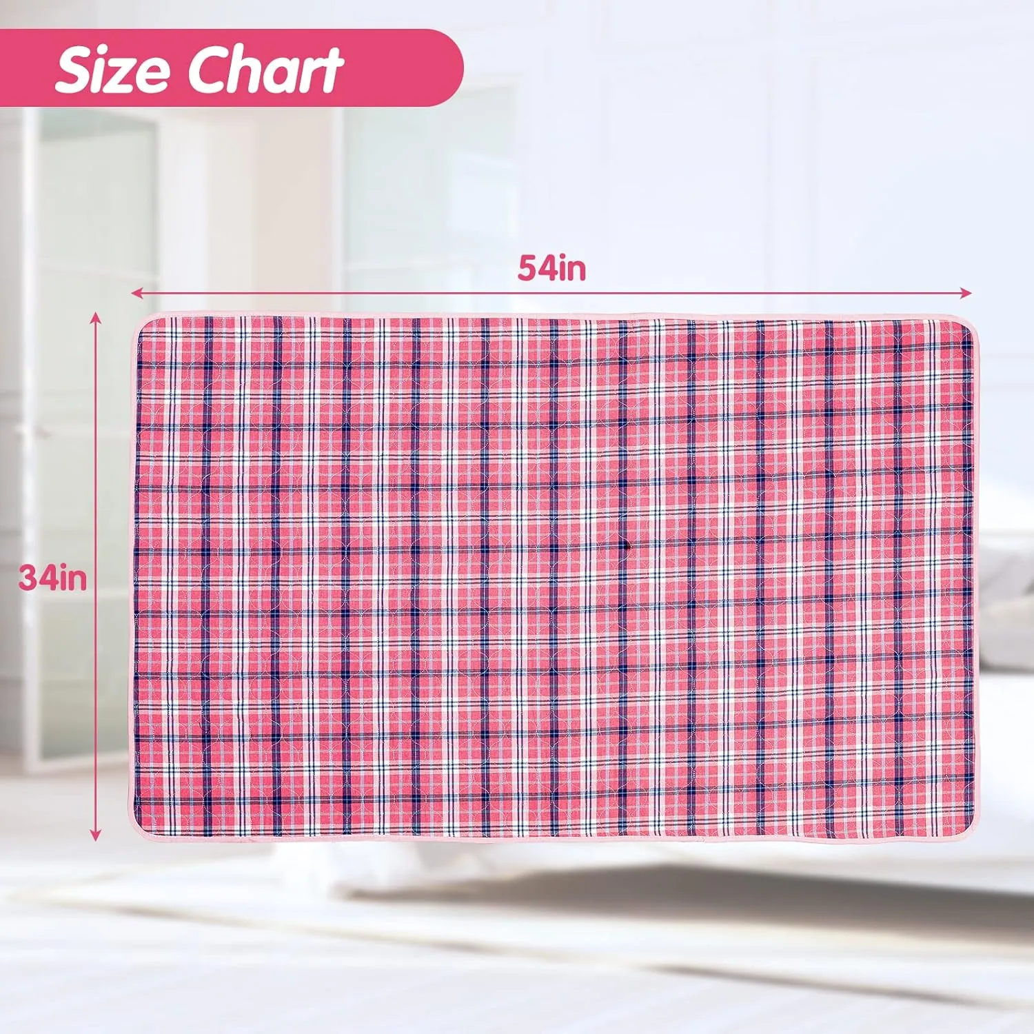 OUTCREATOR® Washable Bed Pads 34" x 54" (Pack of 2) for Incontinence Mattress Protector, Reusable Underpads for Elderly, Adults, Kids, Pets with Anti-Slip Bottom (Pink Plaid)