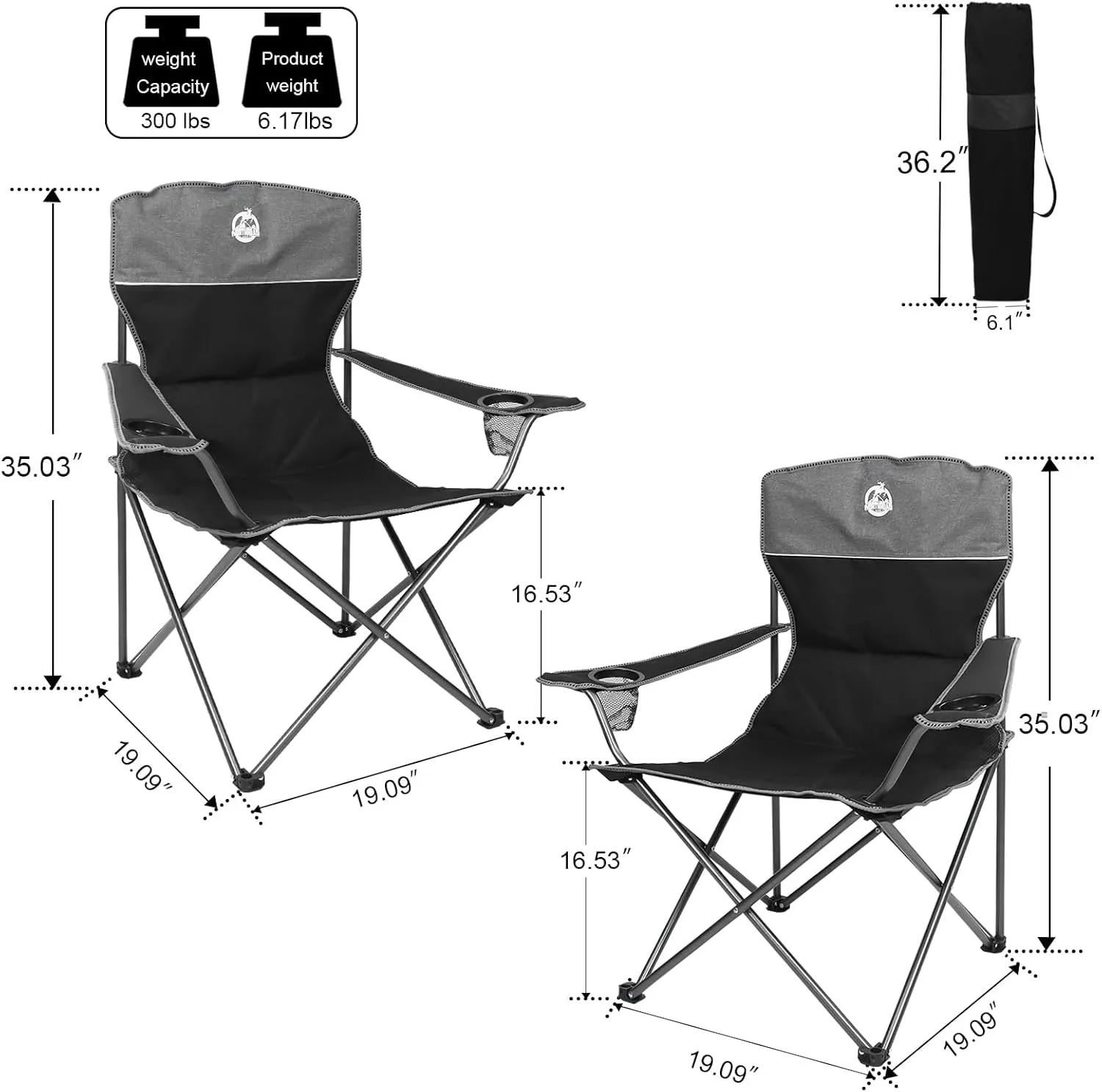 Outdoor Camping Chair Set of 3,Folding Padded Camp Chair w/1 Sofa,2 Single Chairs,Collapsible Conversation Set for Family Patio, Beach (Black)