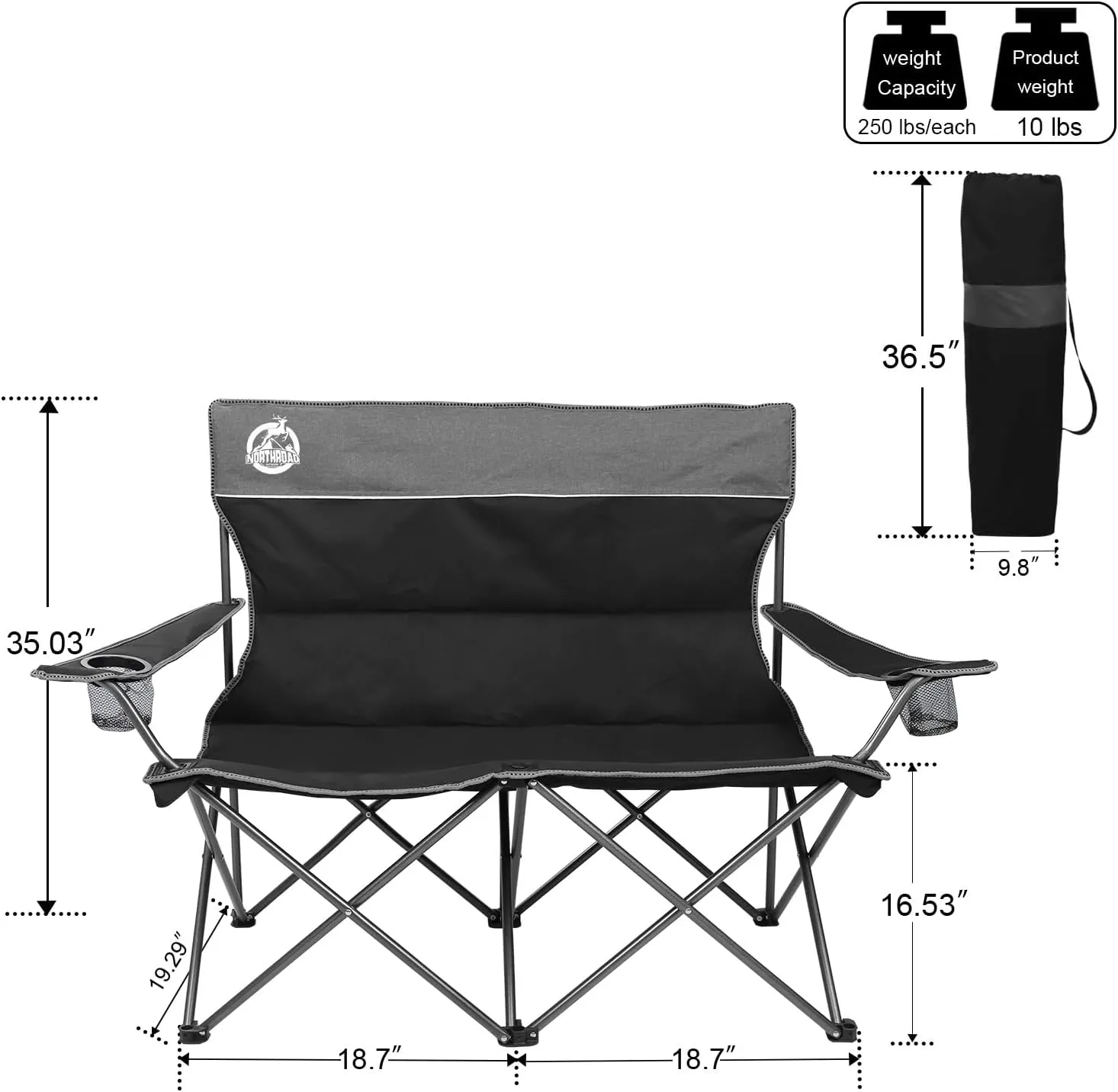 Outdoor Camping Chair Set of 3,Folding Padded Camp Chair w/1 Sofa,2 Single Chairs,Collapsible Conversation Set for Family Patio, Beach (Black)