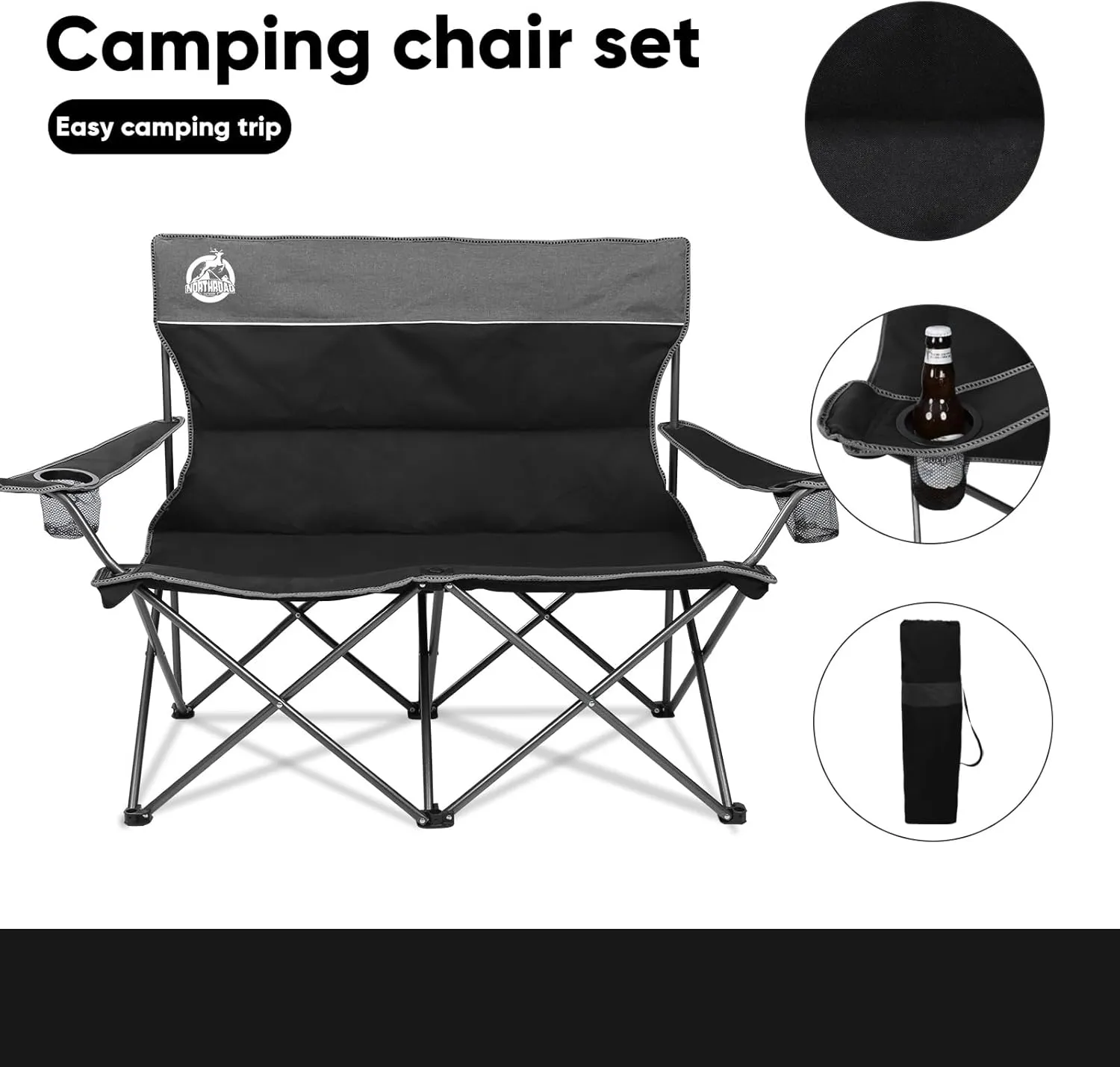 Outdoor Camping Chair Set of 3,Folding Padded Camp Chair w/1 Sofa,2 Single Chairs,Collapsible Conversation Set for Family Patio, Beach (Black)