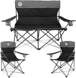Outdoor Camping Chair Set of 3,Folding Padded Camp Chair w/1 Sofa,2 Single Chairs,Collapsible Conversation Set for Family Patio, Beach (Black)
