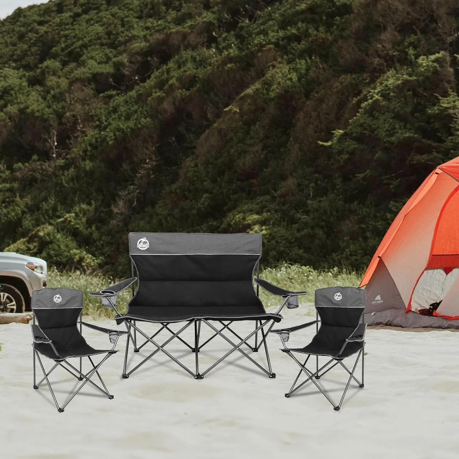 Outdoor Camping Chair Set of 3,Folding Padded Camp Chair w/1 Sofa,2 Single Chairs,Collapsible Conversation Set for Family Patio, Beach (Black)