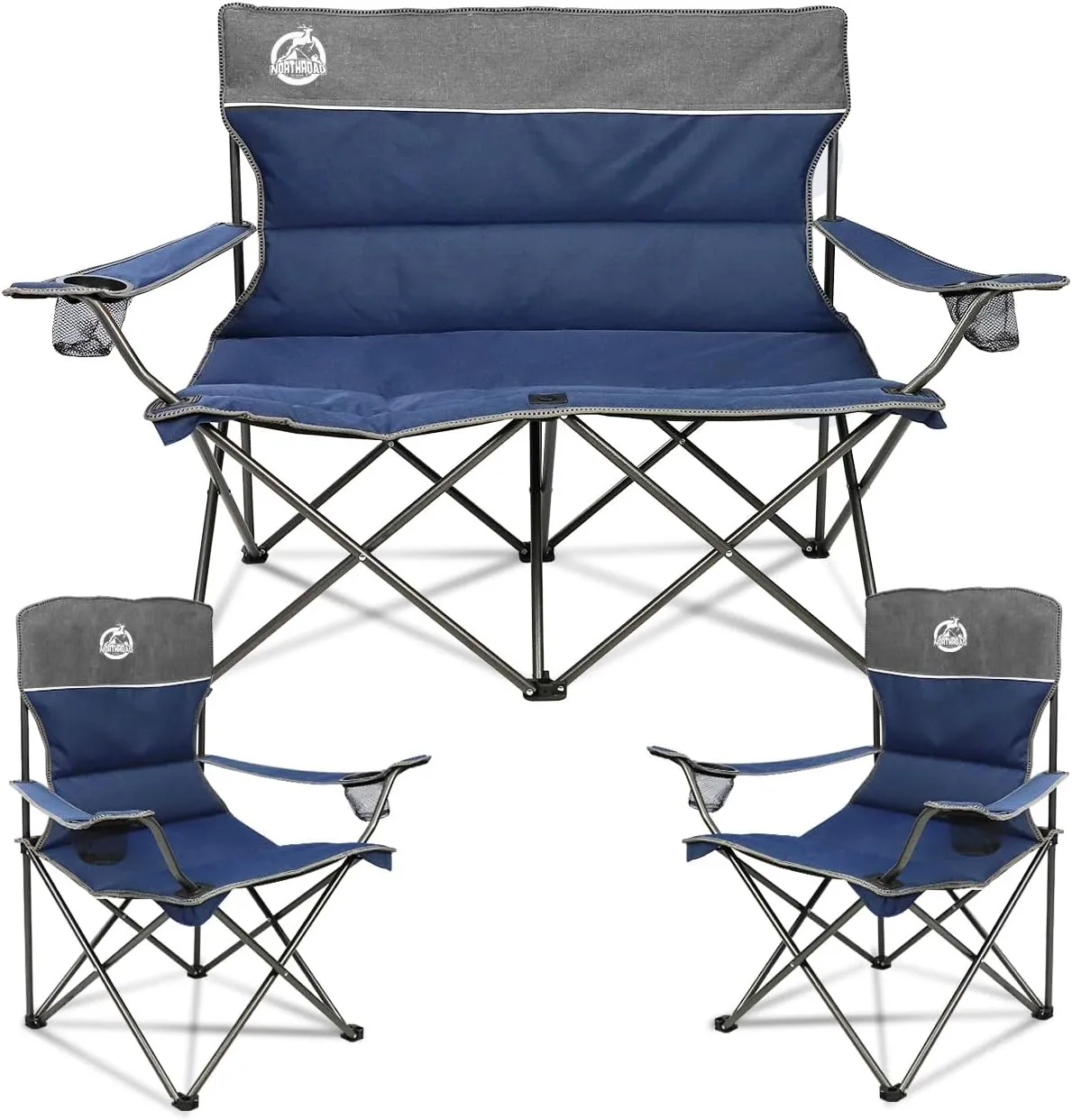 Outdoor Camping Chair Set of 3,Folding Padded Camp Chair,Collapsible Conversation Set w/1 Sofa,2 Single Chairs for Family Patio,Beach (Blue)