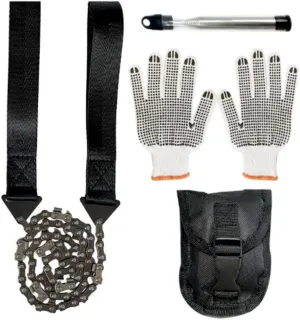 Outdoor Chainsaw Survival Set for Hiking Camping Emergency Gear - Fire Starter, Carry Pouch, Hand Saw & Hand Cover 4 in 1 Tree Cut Tool
