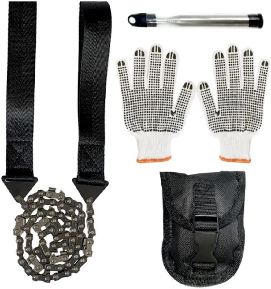 Outdoor Chainsaw Survival Set for Hiking Camping Emergency Gear - Fire Starter, Carry Pouch, Hand Saw & Hand Cover 4 in 1 Tree Cut Tool