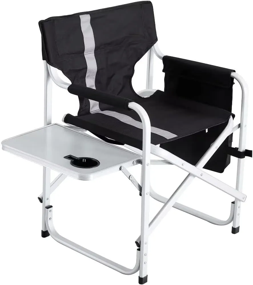 Outdoor Chair, Padded Folding Camping Chair with Side Table and Storage Pockets, Outdoor Folding Chair, Folding Lawn Chair, Lightweight Oversized Directors Chair, Black Gray