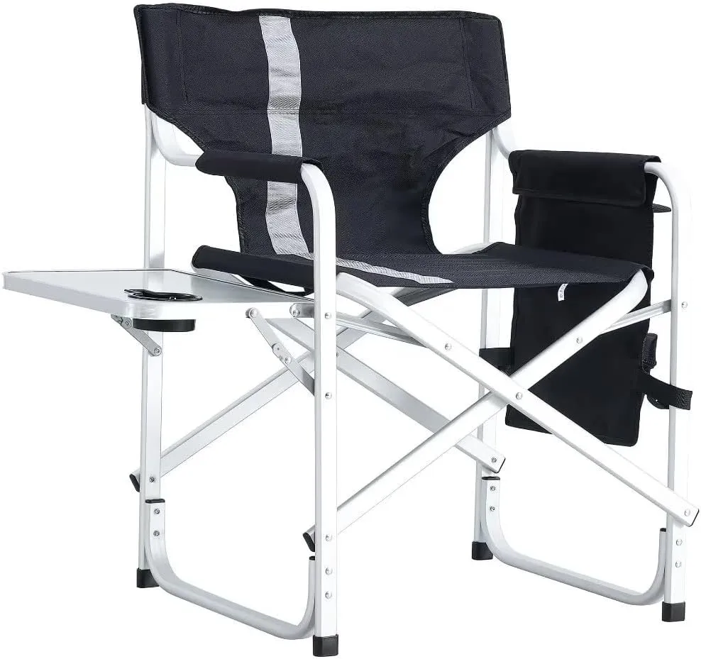 Outdoor Chair, Padded Folding Camping Chair with Side Table and Storage Pockets, Outdoor Folding Chair, Folding Lawn Chair, Lightweight Oversized Directors Chair, Black Gray