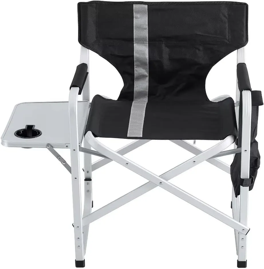 Outdoor Chair, Padded Folding Camping Chair with Side Table and Storage Pockets, Outdoor Folding Chair, Folding Lawn Chair, Lightweight Oversized Directors Chair, Black Gray