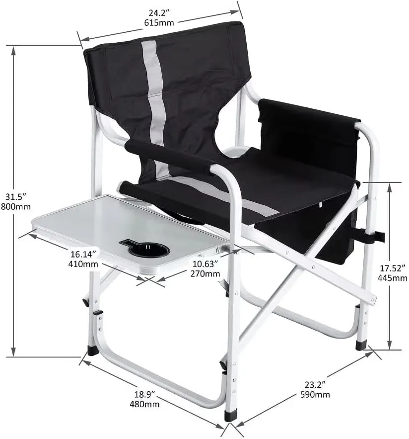 Outdoor Chair, Padded Folding Camping Chair with Side Table and Storage Pockets, Outdoor Folding Chair, Folding Lawn Chair, Lightweight Oversized Directors Chair, Black Gray