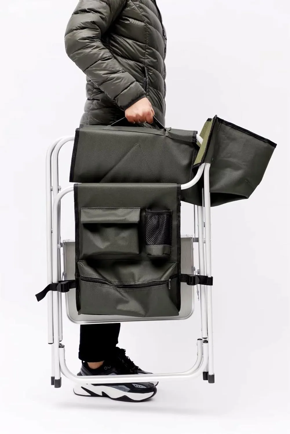 Outdoor Chair, Padded Folding Camping Chair with Side Table and Storage Pockets, Outdoor Folding Chair, Folding Lawn Chair, Lightweight Oversized Directors Chair, Green