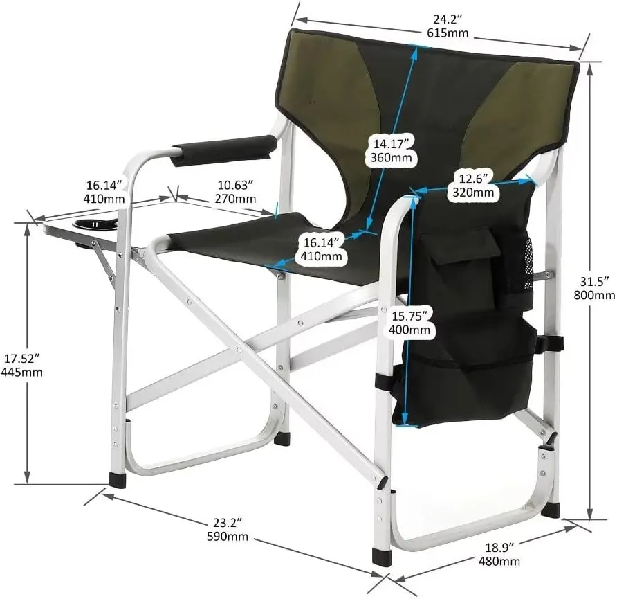 Outdoor Chair, Padded Folding Camping Chair with Side Table and Storage Pockets, Outdoor Folding Chair, Folding Lawn Chair, Lightweight Oversized Directors Chair, Green