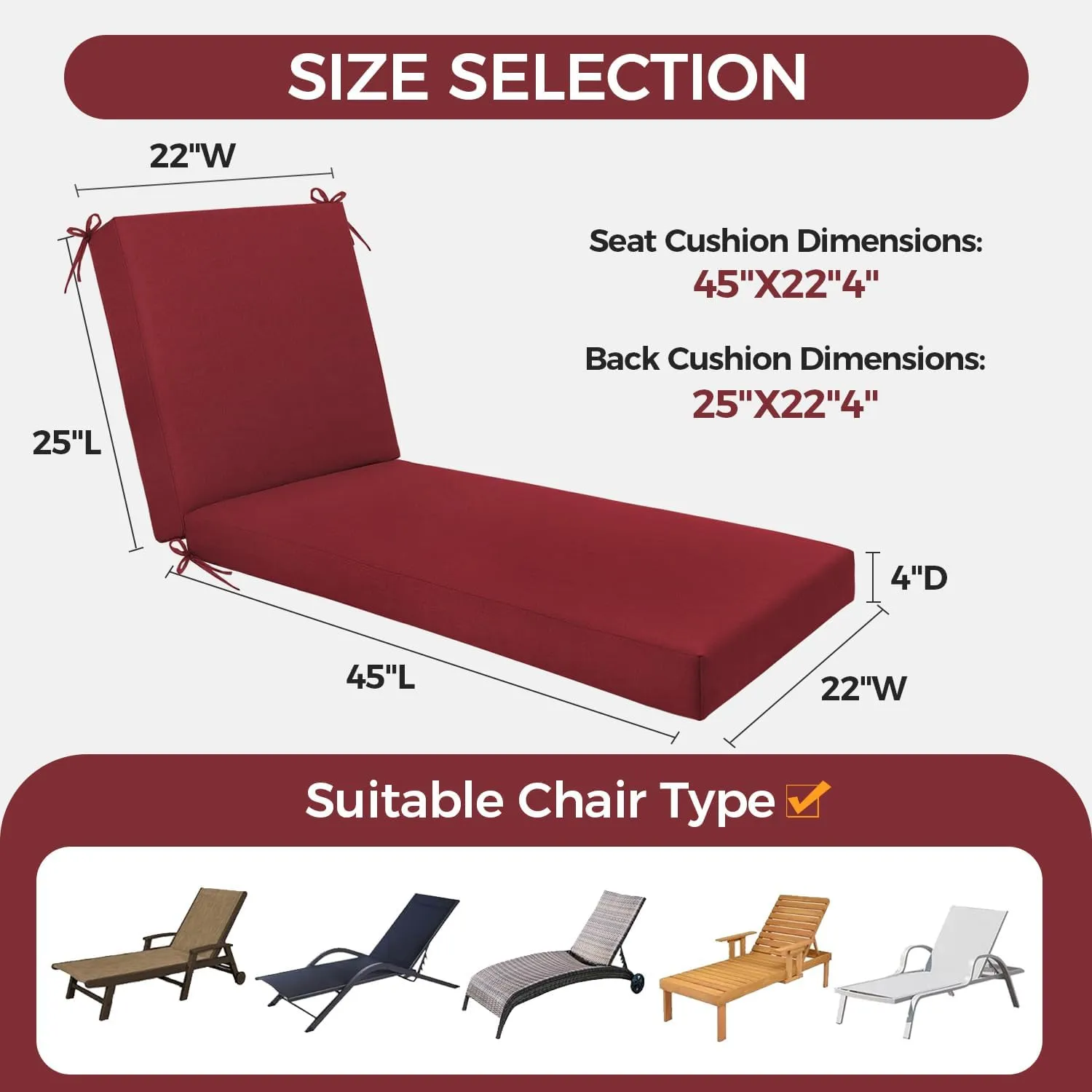 Outdoor Chaise Lounge Cushion - Waterproof & Fade Resistant Patio Lounger Cushions with Removable Cover for Pool, Deck, Lawn .70 x 22 x 4 Inch (Red)