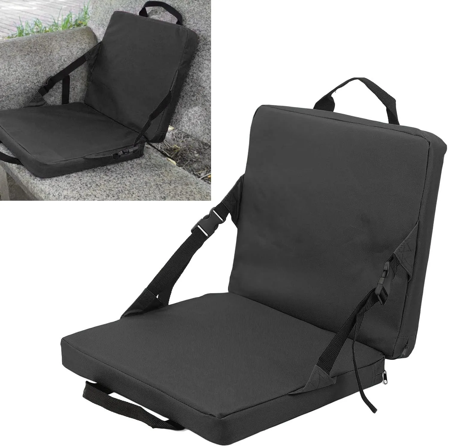 Outdoor Foldable Chair with Backrest Soft Sponge Cushion Back Chair for Stadium and Beach Blue Festivals Hiking Garden (Black)