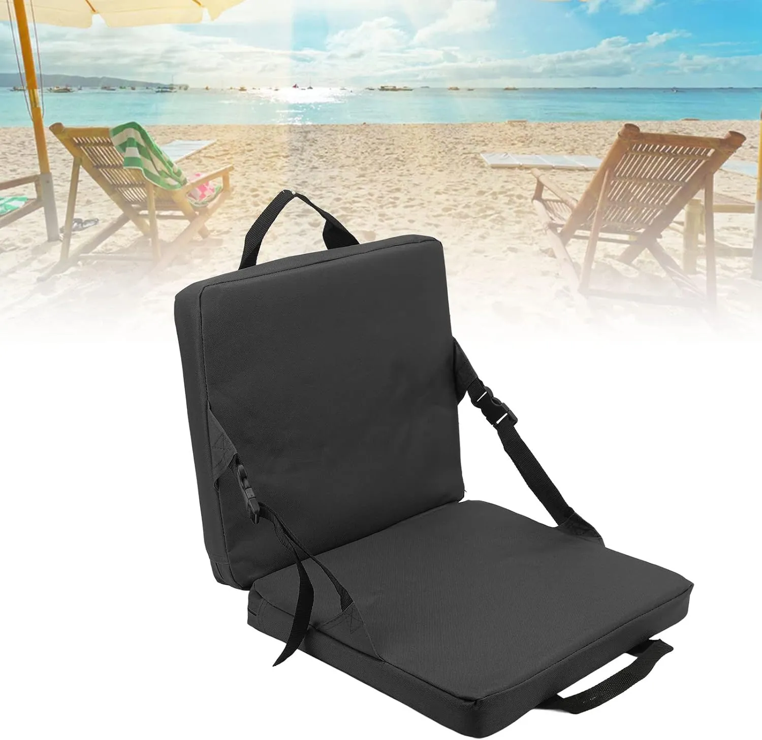 Outdoor Foldable Chair with Backrest Soft Sponge Cushion Back Chair for Stadium and Beach Blue Festivals Hiking Garden (Black)