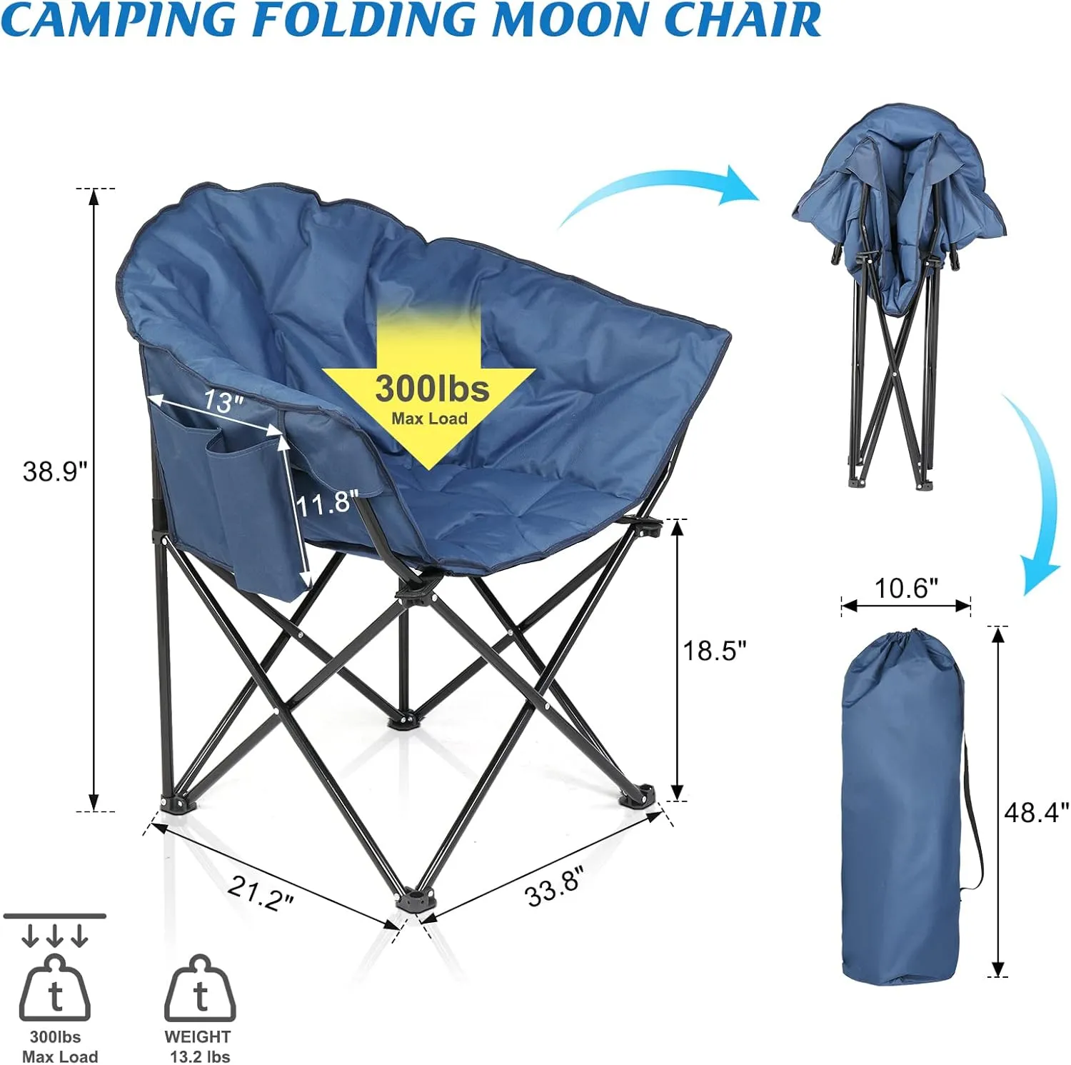 Outdoor Folding Camping Chair,Heavy Duty Padded Outdoor Chair,Portable Outdoor Camp Chair for Adults,Lightweight Foldable Camp Chair,with Carrying Bag,for Patio, Picnic, Fishing, Travel (Blue)