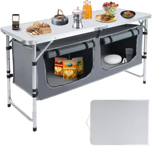 Outdoor Folding Camping Table with Storage Organizer, Portable Aluminum Composite Panel Lightweight Table, 3 Adjustable Height, for Indoor, BBQ, Party, Picnic, Hiking, Beach