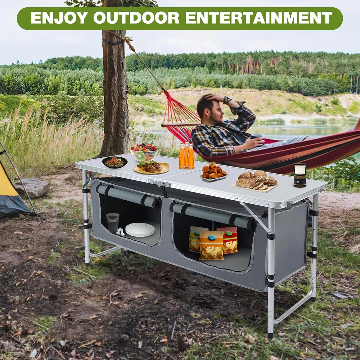 Outdoor Folding Camping Table with Storage Organizer, Portable Aluminum Composite Panel Lightweight Table, 3 Adjustable Height, for Indoor, BBQ, Party, Picnic, Hiking, Beach