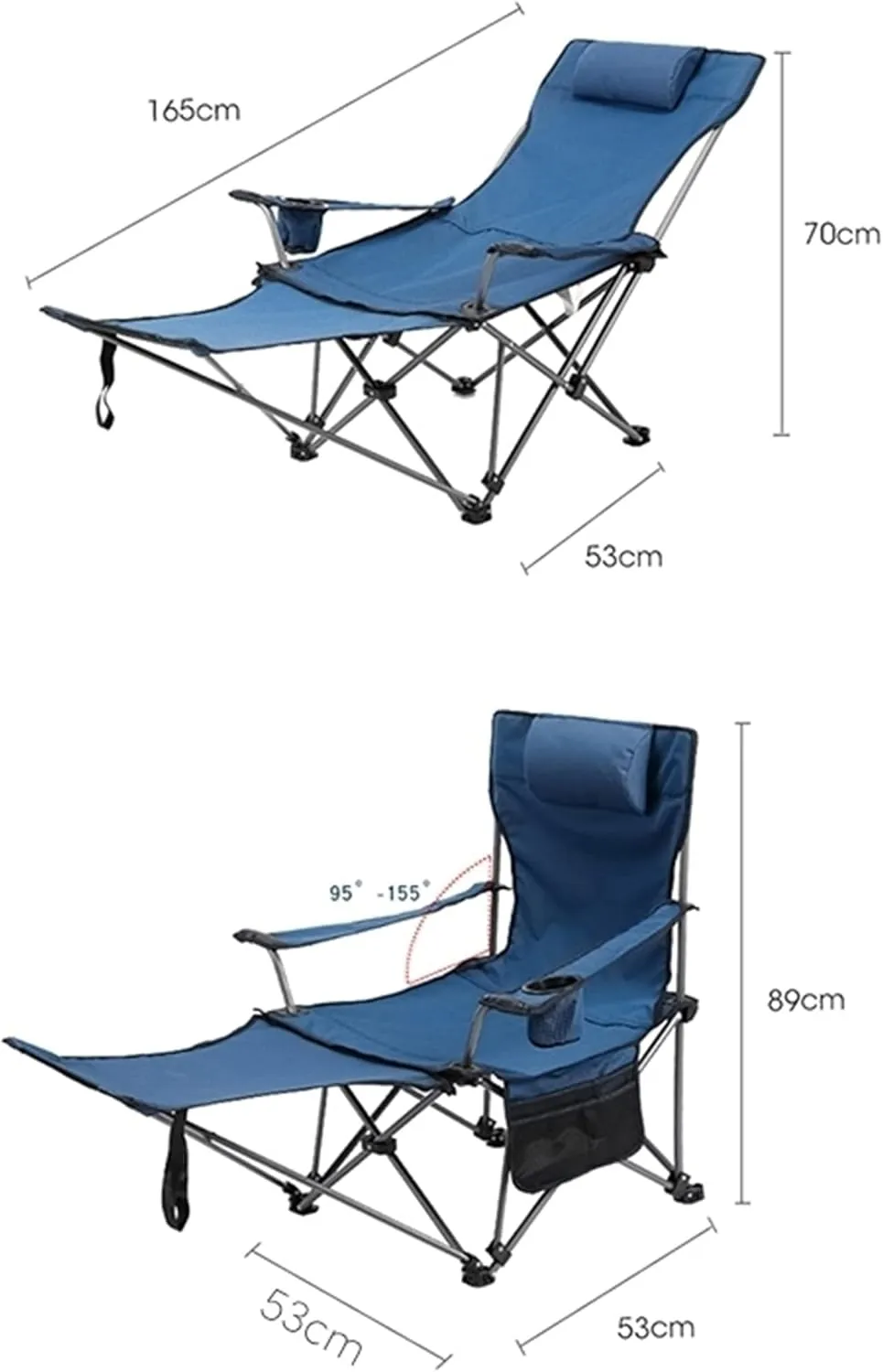 Outdoor Folding Chair Camping Chair Recliner Heavy Duty 600D Oxford Back Chair with Arm Rest Cup Holder and Storage Bag for Outside, Support 150kg
