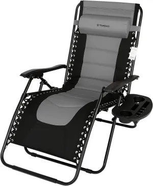 Outdoor Folding Chair Waterproof Oxford Cloth with Cotton Padded Adjustable Patio Reclining Chair with Headrest Detachable Side Holder for Lawn Backyard Camping Grey