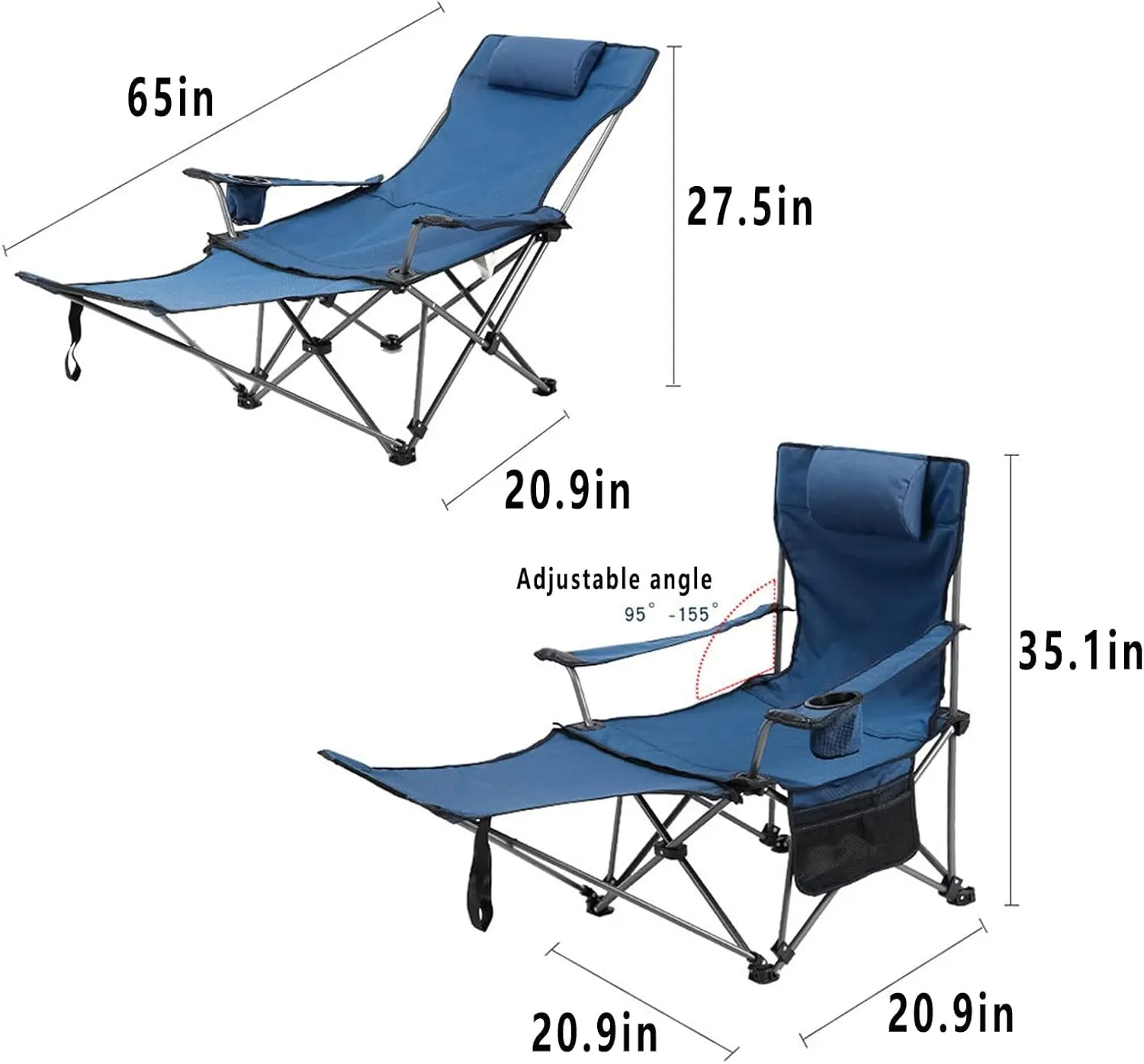 Outdoor Folding Chairs Camping Chairs Office Recliner,with Headrest Side Pocket Carry Bag Detachable Leg Rest,Heavy Duty Supports 280 Lbs,for Beach,Fishing,Picnics,Hiking(Color:Blue)