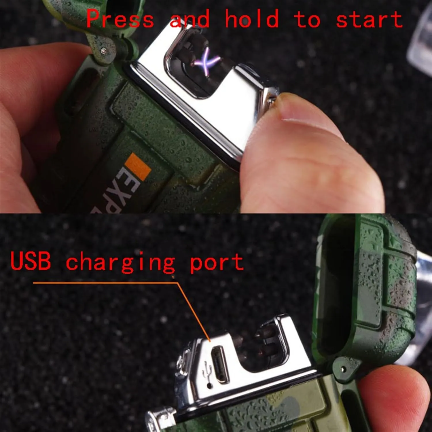 Outdoor Windproof Lighter, Waterproof Flameless Electric Lighter, Waterproof USB Dual Arc Rechargeable Lighter, for Camping, Hiking, Skiing, Outdoor Adventure (Fuel Not Included) (Color : Blue)