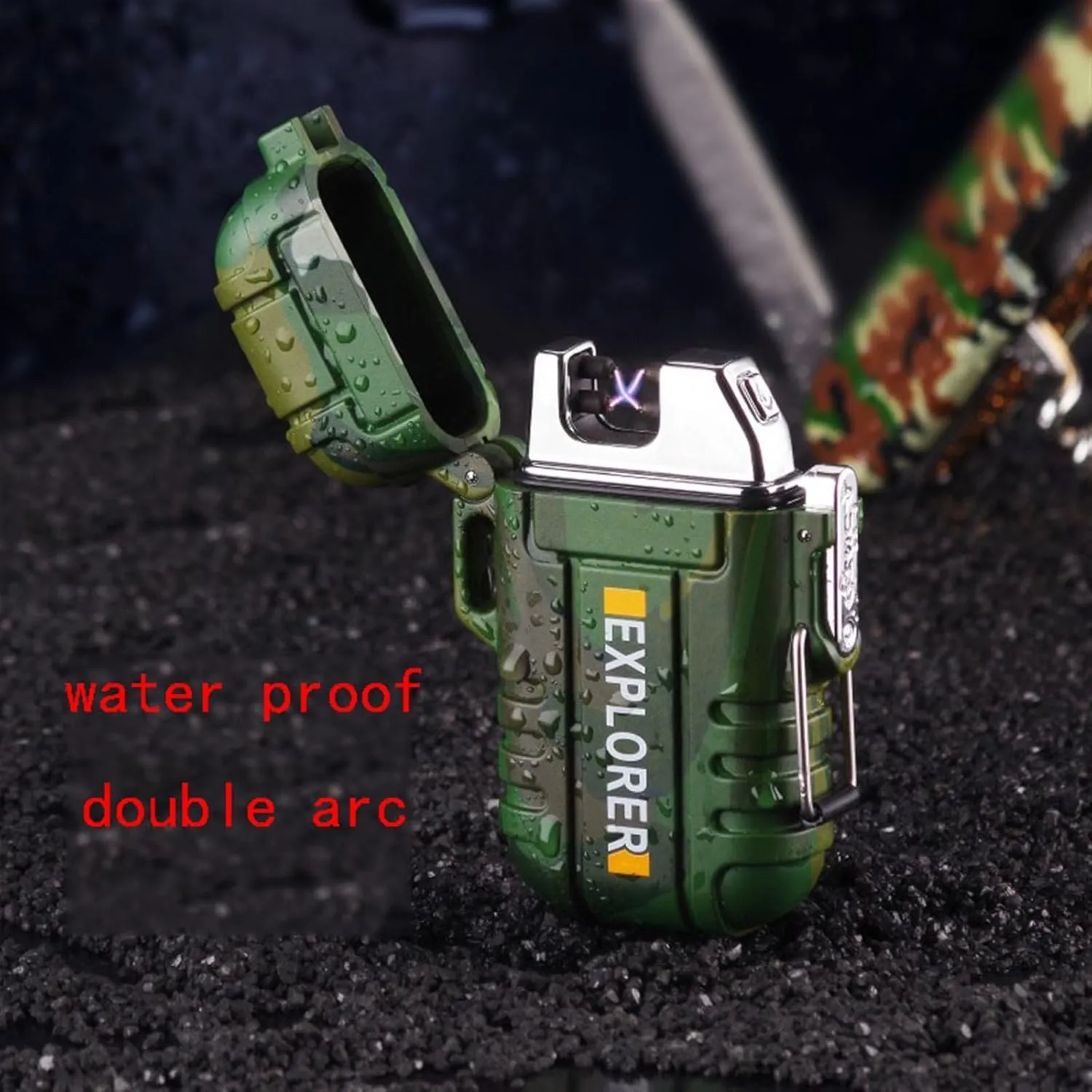 Outdoor Windproof Lighter, Waterproof Flameless Electric Lighter, Waterproof USB Dual Arc Rechargeable Lighter, for Camping, Hiking, Skiing, Outdoor Adventure (Fuel Not Included) (Color : Blue)