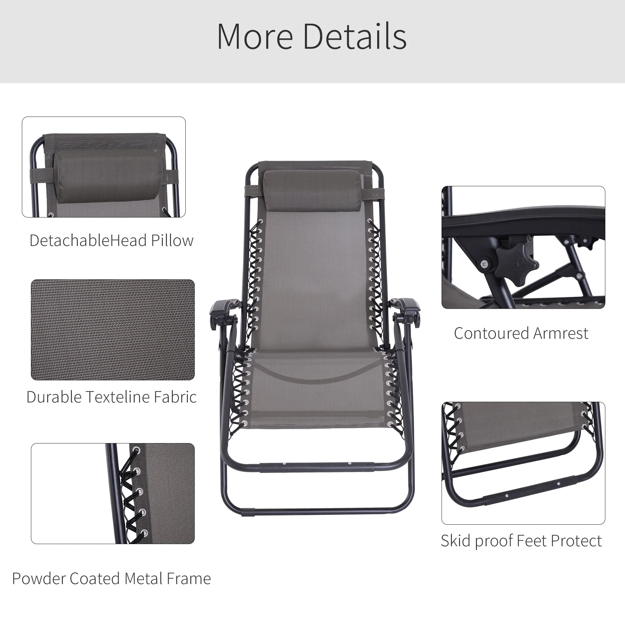 Outdoor Zero Gravity Chair w/ Head Pillow for Patio Decking Gardens Camping Grey