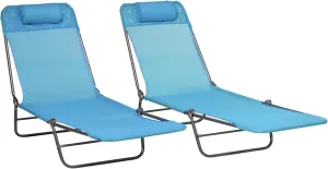 Outsunny 2 Piece Folding Chaise Lounge Chairs, Pool Sun Tanning Chairs with Reclining Back, Breathable Mesh Seat, Headrest for Beach, Yard, Patio, Blue