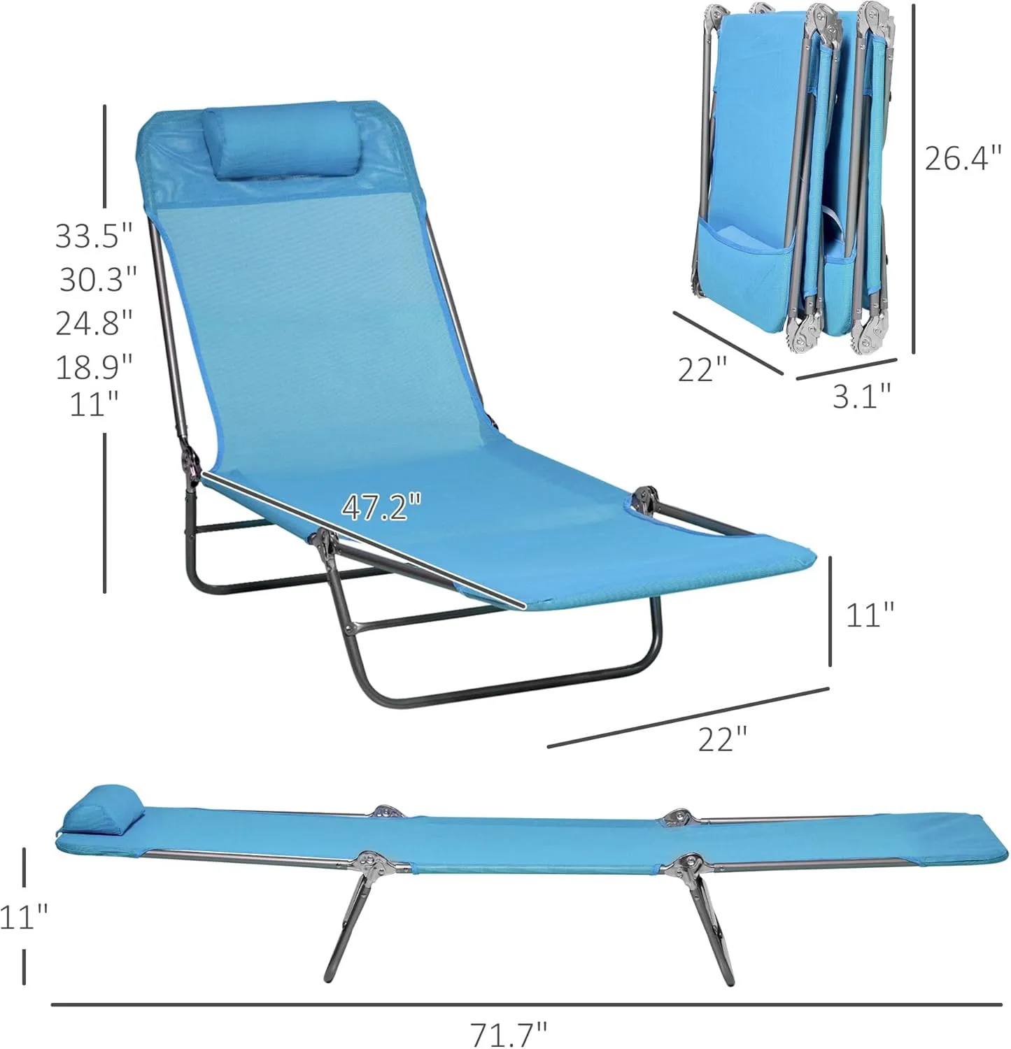 Outsunny 2 Piece Folding Chaise Lounge Chairs, Pool Sun Tanning Chairs with Reclining Back, Breathable Mesh Seat, Headrest for Beach, Yard, Patio, Blue