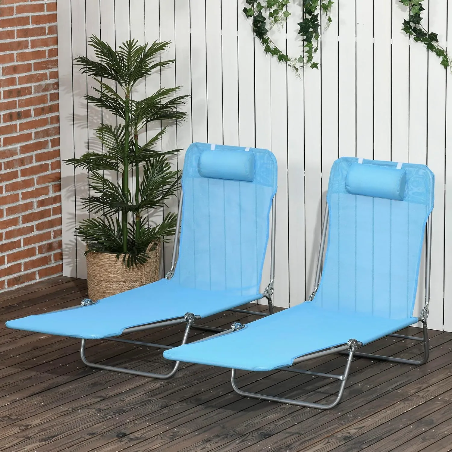 Outsunny 2 Piece Folding Chaise Lounge Chairs, Pool Sun Tanning Chairs with Reclining Back, Breathable Mesh Seat, Headrest for Beach, Yard, Patio, Blue