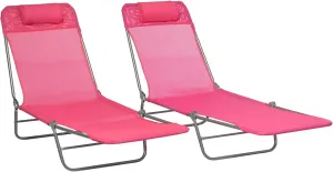 Outsunny 2 Piece Folding Chaise Lounge Chairs, Pool Sun Tanning Chairs with Reclining Back, Breathable Mesh Seat, Headrest for Beach, Yard, Patio, Pink