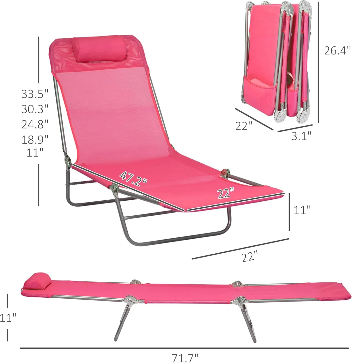 Outsunny 2 Piece Folding Chaise Lounge Chairs, Pool Sun Tanning Chairs with Reclining Back, Breathable Mesh Seat, Headrest for Beach, Yard, Patio, Pink