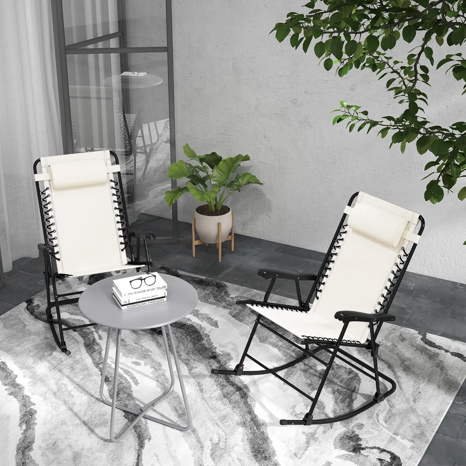 Outsunny 2 Piece Outdoor Rocking Chair Set, Patio Folding Lawn Rocker Set with Headrests for Yard, Patio, Deck, Backyard, Cream White