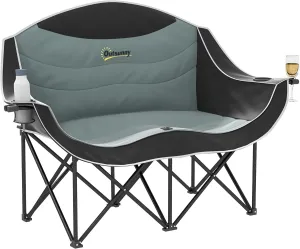 Outsunny Double Camping Chair for Adults, Padded Folding Camp Chair for 2 Person with Armrest, Wine Glass Holder, Cup Holder, Carry Bag for Outdoor Sports, Picnics, Supports up to 551 lbs., Black