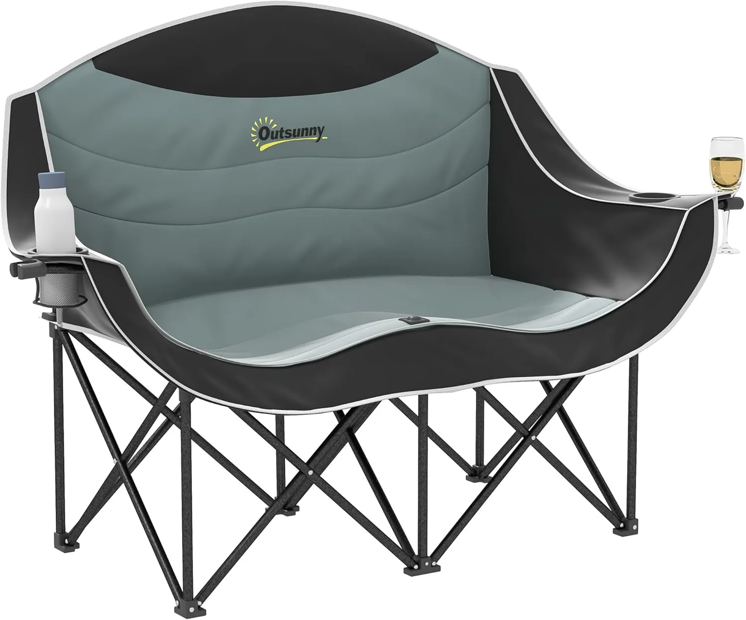 Outsunny Double Camping Chair for Adults, Padded Folding Camp Chair for 2 Person with Armrest, Wine Glass Holder, Cup Holder, Carry Bag for Outdoor Sports, Picnics, Supports up to 551 lbs., Black