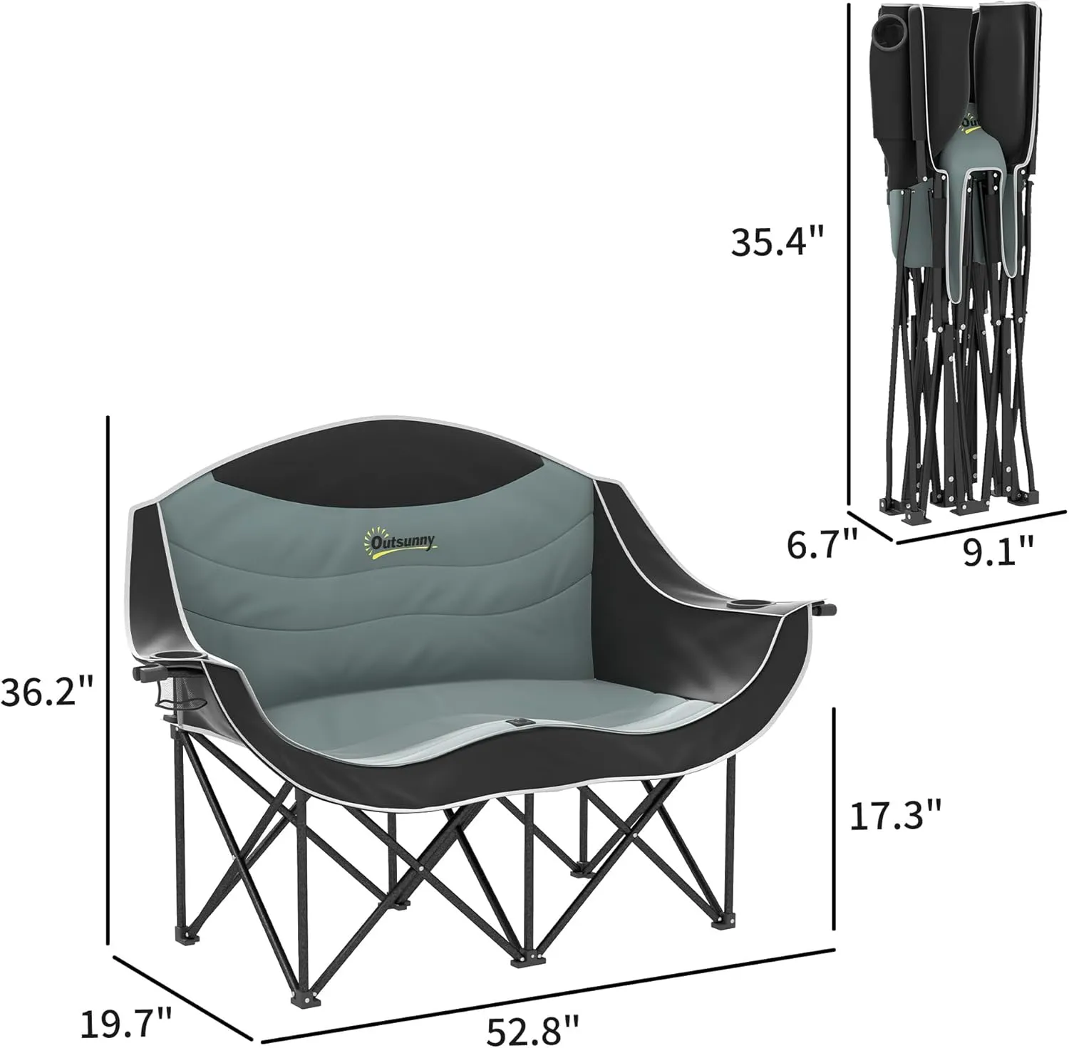 Outsunny Double Camping Chair for Adults, Padded Folding Camp Chair for 2 Person with Armrest, Wine Glass Holder, Cup Holder, Carry Bag for Outdoor Sports, Picnics, Supports up to 551 lbs., Black
