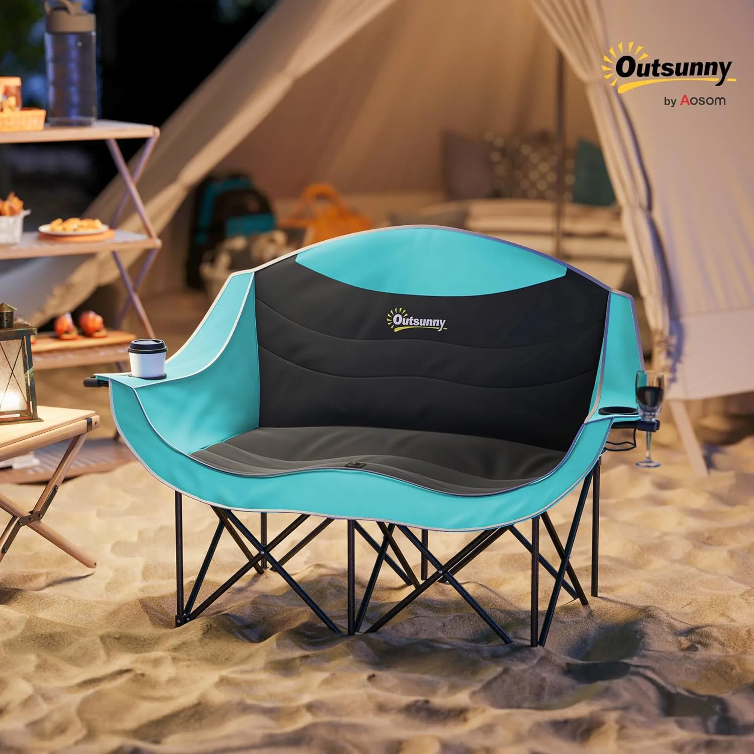 Outsunny Double Camping Chair for Adults, Padded Folding Camp Chair for 2 Person with Armrest, Wine Glass Holder, Cup Holder, Carry Bag for Outdoor Sports, Picnics, Supports up to 551 lbs., Green