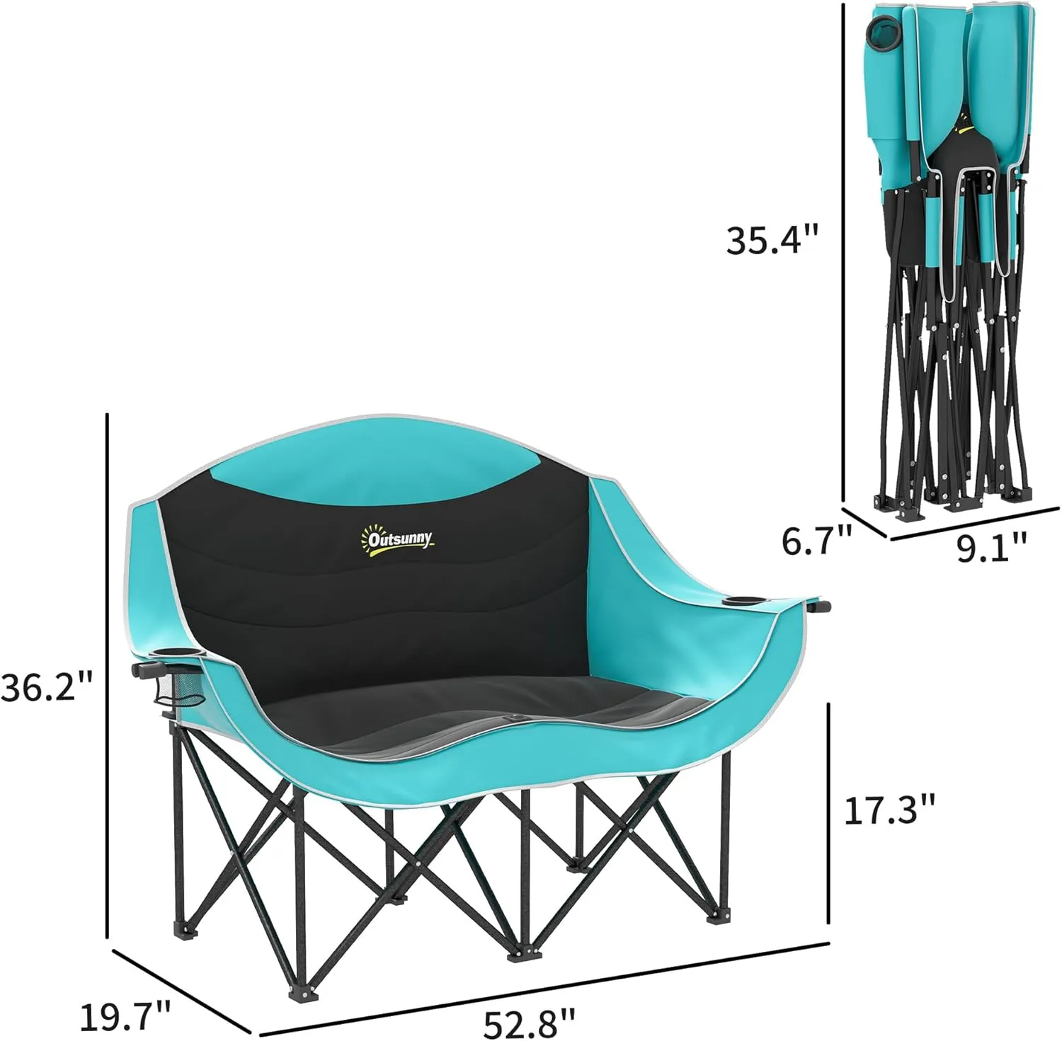 Outsunny Double Camping Chair for Adults, Padded Folding Camp Chair for 2 Person with Armrest, Wine Glass Holder, Cup Holder, Carry Bag for Outdoor Sports, Picnics, Supports up to 551 lbs., Green