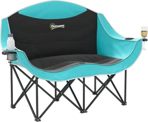 Outsunny Double Camping Chair for Adults, Padded Folding Camp Chair for 2 Person with Armrest, Wine Glass Holder, Cup Holder, Carry Bag for Outdoor Sports, Picnics, Supports up to 551 lbs., Green