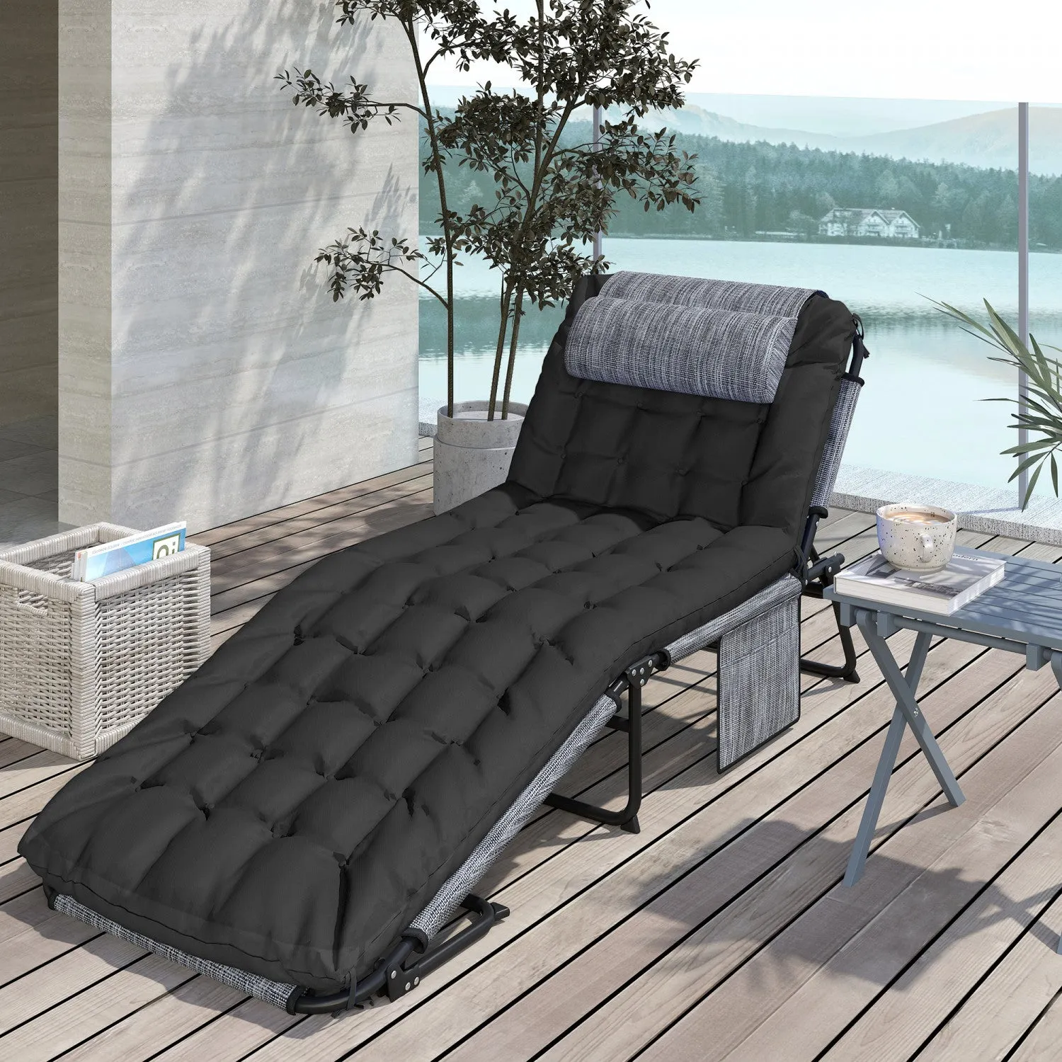 Outsunny Folding Lounge Chair W/ Cushion, Reclining Tanning Chair, Black