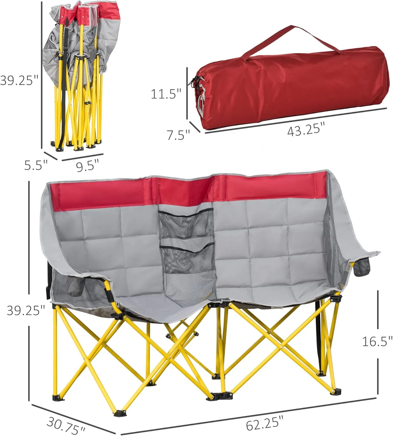 Outsunny Loveseat Style Camping Chair, Oversized Folding Lawn Chair with Carry Bag & Cup Holders, for Outdoor, Beach, Picnic, Hiking, Travel, Red & Gray