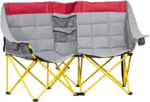Outsunny Loveseat Style Camping Chair, Oversized Folding Lawn Chair with Carry Bag & Cup Holders, for Outdoor, Beach, Picnic, Hiking, Travel, Red & Gray