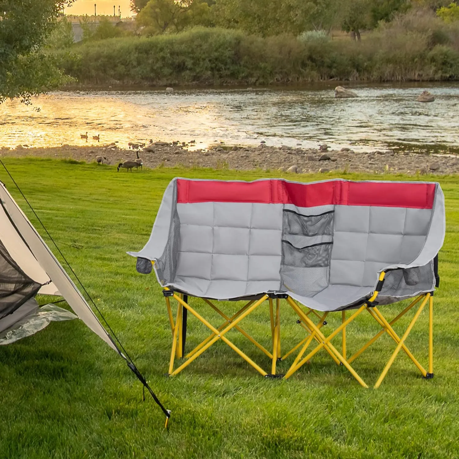 Outsunny Loveseat Style Camping Chair, Oversized Folding Lawn Chair with Carry Bag & Cup Holders, for Outdoor, Beach, Picnic, Hiking, Travel, Red & Gray