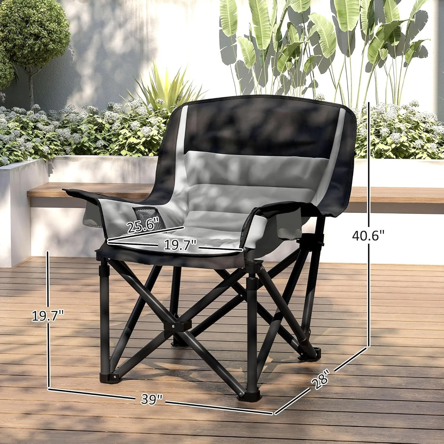 Outsunny Padded Camping Chair for Adults, Portable Folding Camping Chair with Side Pockets, Cup Holders, and Carry Bag, Outdoor Camp Chair for Backyard, Fishing, and Sports, Up to 265 lbs, Gray