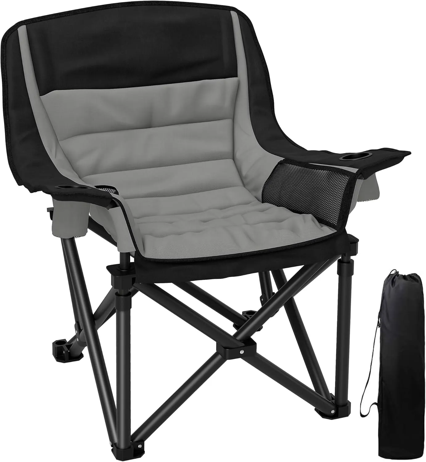 Outsunny Padded Camping Chair for Adults, Portable Folding Camping Chair with Side Pockets, Cup Holders, and Carry Bag, Outdoor Camp Chair for Backyard, Fishing, and Sports, Up to 265 lbs, Gray