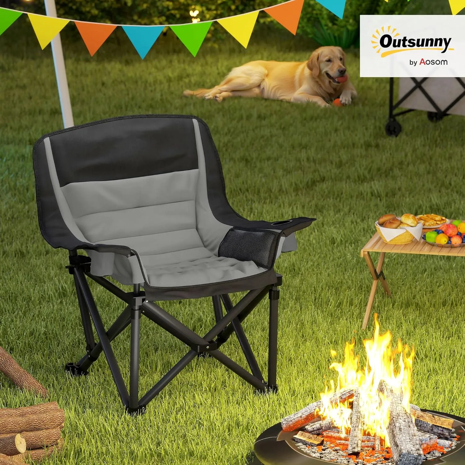 Outsunny Padded Camping Chair for Adults, Portable Folding Camping Chair with Side Pockets, Cup Holders, and Carry Bag, Outdoor Camp Chair for Backyard, Fishing, and Sports, Up to 265 lbs, Gray