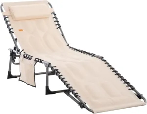 Outsunny Padded Folding Chaise Lounge Chair, Outdoor 6-Level Reclining Camping Tanning Chair with Headrest for Beach, Yard, Patio, Pool, Beige