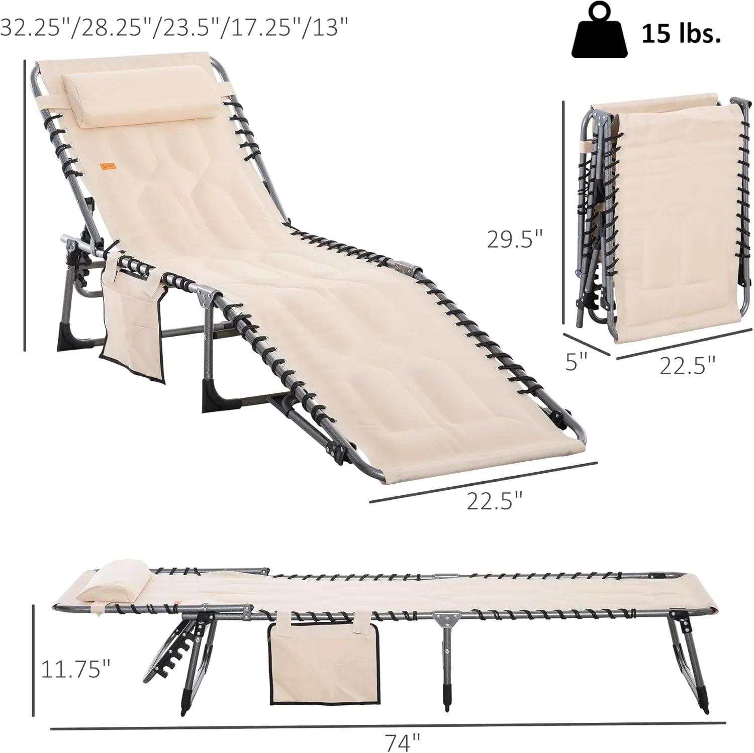 Outsunny Padded Folding Chaise Lounge Chair, Outdoor 6-Level Reclining Camping Tanning Chair with Headrest for Beach, Yard, Patio, Pool, Beige
