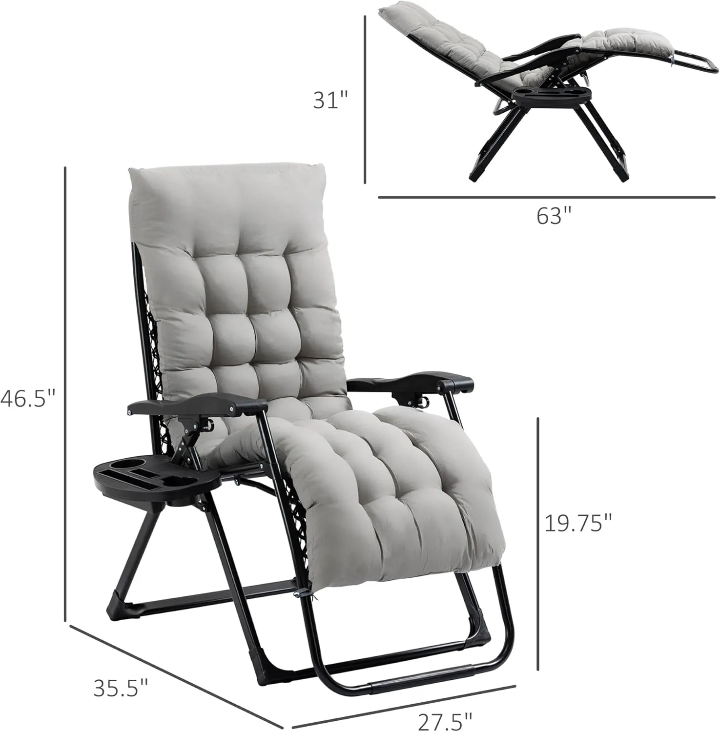 Outsunny Zero Gravity Chair, Folding Reclining Lounge Chair with Padded Cushion, Side Tray for Indoor and Outdoor, Supports up to 264 lbs, Gray