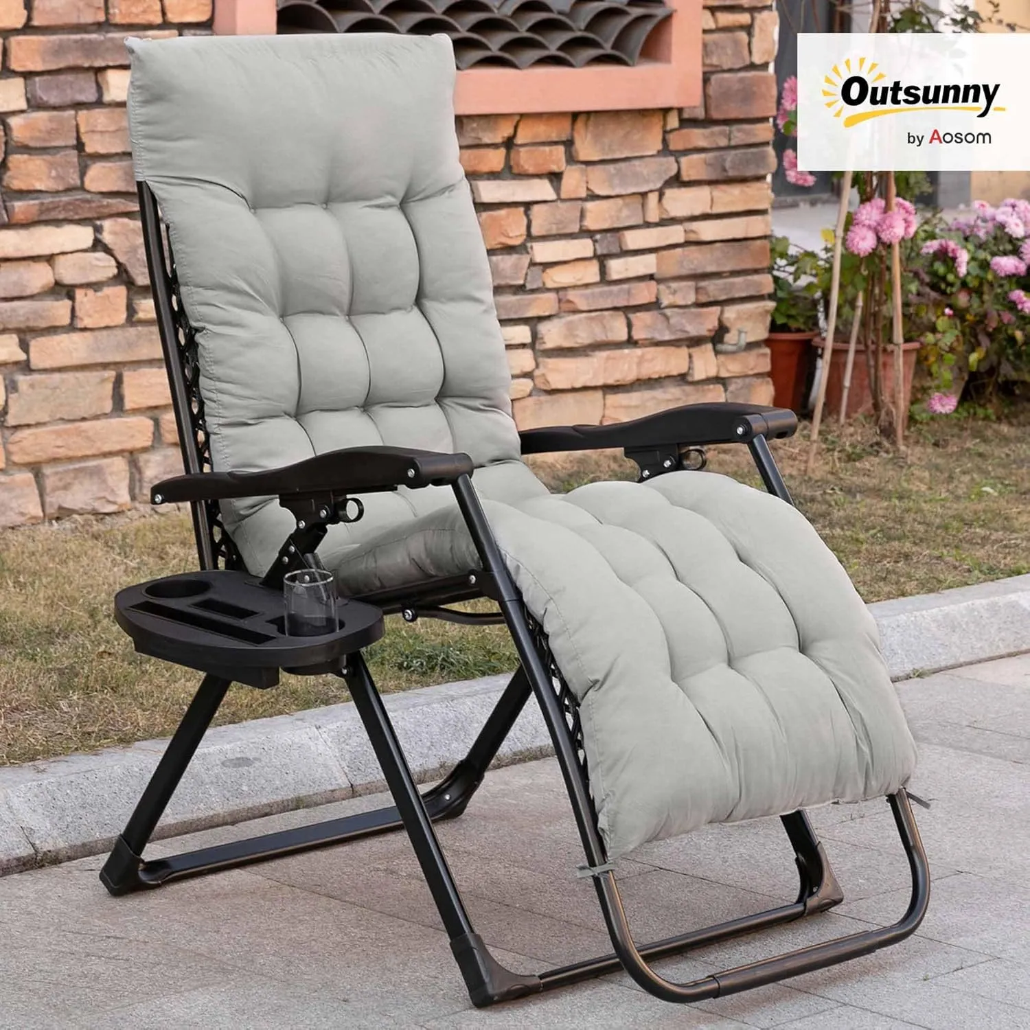 Outsunny Zero Gravity Chair, Folding Reclining Lounge Chair with Padded Cushion, Side Tray for Indoor and Outdoor, Supports up to 264 lbs, Gray